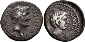Mark Antony and Octavian. Denarius (Silver, 18 mm, 3.67 g, 12 h), Marcus Antonius with Octavianus and M. Barbatius, military mint moving with Mark Ant...