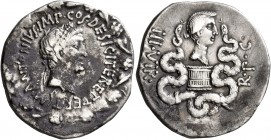 Mark Antony and Octavia, 40-35 BC. Cistophorus (Silver, 26 mm, 11.99 g, 12 h), Ephesus, summer-autumn 39. M•ANTONIVS•IMP•COS•DESIG•ITER•ET•TERT• Head ...