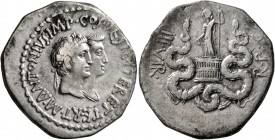 Mark Antony and Octavia, 40-35 BC. Cistophorus (Silver, 27 mm, 11.96 g, 1 h), Ephesus, summer-autumn 39. M•ANTONIVS•IMP•COS•DESIG•ITER•ET•TERT• Conjoi...
