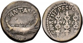 Mark Antony, 44-30 BC. Denarius (Silver, 18 mm, 3.47 g, 6 h), military mint moving with Mark Antony (Patrae?), 32-31. ANT•AVG•III•VIR•R•P•C Galley rig...