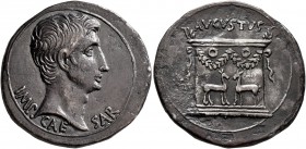 Augustus, 27 BC-AD 14. Cistophorus (Silver, 25 mm, 11.53 g, 1 h), Ephesus, circa 25 BC. IMP CAESAR Bare head of Augustus to right. Rev. AVGVSTVS Garla...