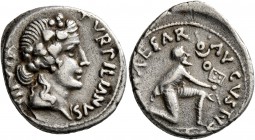 Augustus, 27 BC-AD 14. Denarius (Silver, 19 mm, 3.97 g, 1 h), Rome, P. Petronius Turpilianus, moneyer, 19-18 BC. TVRPILIANVS III•VIR• Head of Liber to...