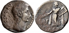 Augustus, 27 BC-AD 14. Denarius (Silver, 18 mm, 3.63 g, 8 h), Lugdunum, 15-13 BC. AVGVSTVS DIVI F Bare head of Augustus to right. Rev. IMP X / ACT Apo...