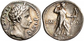 Augustus, 27 BC-AD 14. Denarius (Silver, 17 mm, 3.85 g, 1 h), Lugdunum, 11-10 BC. AVGVSTVS DIVI•F Laureate head of Augustus to right. Rev. IMP•XII / S...