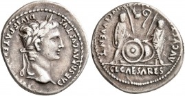 Augustus, 27 BC-AD 14. Denarius (Silver, 20 mm, 3.80 g, 2 h), Lugdunum, 2 BC-AD 4. CAESAR AVGVSTVS DIVI F PATER PATRIAE Laureate head of Augustus to r...