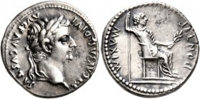Tiberius, 14-37. Denarius (Silver, 18 mm, 3.66 g, 6 h), Lugdunum. TI CAESAR DIVI AVG F AVGVSTVS Laureate head of Tiberius to right. Rev. PONTIF MAXIM ...