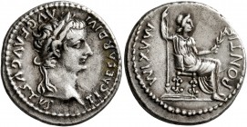 Tiberius, 14-37. Denarius (Silver, 19 mm, 3.76 g, 1 h), Lugdunum. TI CAESAR DIVI AVG F AVGVSTVS Laureate head of Tiberius to right. Rev. PONTIF MAXIM ...
