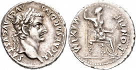Tiberius, 14-37. Denarius (Silver, 19 mm, 3.83 g, 5 h), Lugdunum. TI CAESAR DIVI AVG F AVGVSTVS Laureate head of Tiberius to right. Rev. PONTIF MAXIM ...