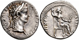 Tiberius, 14-37. Denarius (Silver, 17 mm, 3.75 g, 5 h), Lugdunum. TI CAESAR DIVI AVG F AVGVSTVS Laureate head of Tiberius to right. Rev. PONTIF MAXIM ...