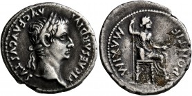 Tiberius, 14-37. Denarius (Silver, 20 mm, 3.69 g, 4 h), Lugdunum. TI CAESAR DIVI AVG F AVGVSTVS Laureate head of Tiberius to right. Rev. PONTIF MAXIM ...