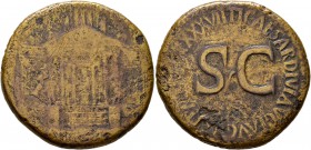 Tiberius, AD 14-37. Sestertius (Orichalcum, 34 mm, 24.93 g, 5 h), Rome, 35-36. Hexastyle temple with flanking wings and statue of Concordia in the cen...