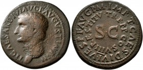 Tiberius, AD 14-37. As (Copper, 26 mm, 10.25 g, 12 h), restitution issue, Rome, struck under Titus, 80-81. TI CAESAR DIVI AVG F AVGVST IMP III Bare he...
