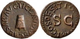 Claudius, 41-54. Quadrans (Copper, 17 mm, 2.34 g, 6 h), Rome, 41. TI CLAVDIVS CAESAR AVG Three-legged modius. Rev. PON M TR P IMP COS DES IT around la...