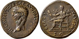 Claudius, 41-54. Dupondius (Orichalcum, 29 mm, 12.04 g, 6 h), Rome, circa 41-42. TI•CLAVDIVS•CAESAR•AVG•P•M•TR P IMP Bare head of Claudius to left. Re...