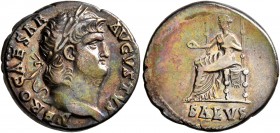 Nero, 54-68. Denarius (Silver, 17 mm, 3.49 g, 7 h), Rome, 65-66. NERO CAESAR AVGVSTVS Laureate head of Nero to right. Rev. SALVS Salus seated left on ...
