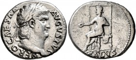 Nero, 54-68. Denarius (Silver, 18 mm, 3.31 g, 7 h), Rome, 65-66. NERO CAESAR AVGVSTVS Laureate head of Nero to right. Rev. SALVS Salus seated left on ...