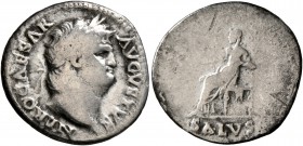 Nero, 54-68. Denarius (Silver, 19 mm, 2.98 g, 6 h), Rome, 65-66. NERO CAESAR AVGVSTVS Laureate head of Nero to right. Rev. SALVS Salus seated left on ...