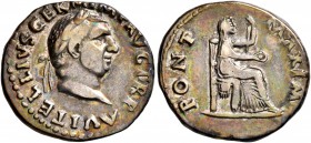 Vitellius, 69. Denarius (Silver, 19 mm, 3.16 g, 6 h), Rome. A VITELLIVS GERM IMP AVG TR P Laureate head of Vitellius to right. Rev. PONT MAXIM Vesta s...