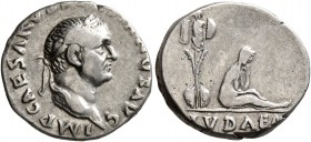 Vespasian, 69-79. Denarius (Silver, 17 mm, 2.97 g, 6 h), Rome, 69-70. IMP CAESAR VESPASIANVS AVG Laureate head of Vespasian to right. Rev. IVDAEA Juda...