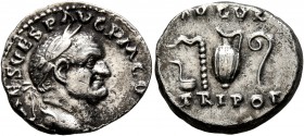 Vespasian, 69-79. Denarius (Silver, 17 mm, 3.49 g, 7 h), Rome, 72-73. IMP CAES VESP AVG P M CO[S IIII] Laureate head of Vespasian to right. Rev. AVGVR...