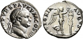 Vespasian, 69-79. Denarius (Silver, 19 mm, 3.56 g, 7 h), Rome, 72-73. [IMP] CAES VESP AVG P M COS IIII Laureate head of Vespasian to right. Rev. VICTO...