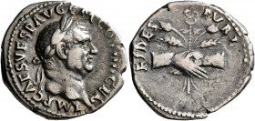 Vespasian, 69-79. Denarius (Silver, 19 mm, 3.31 g, 7 h), Rome, 73. IMP CAES VESP AVG P M COS IIII CEN Laureate head of Vespasian to right. Rev. FIDES ...