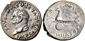 Vespasian, 69-79. Denarius (Silver, 19 mm, 3.55 g, 6 h), Rome, 79. IMP CAESAR VESPASIANVS AVG Laureate head of Vespasian to left. Rev. TR POT X COS VI...