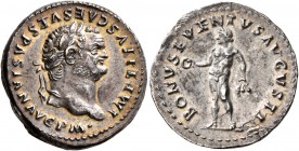 Titus, 79-81. Denarius (Silver, 20 mm, 3.02 g, 6 h), Rome, 79-80. IMP TITVS CAES VESPASIAN AVG P M• Laureate head of Titus to right. Rev. BONVS EVENTV...