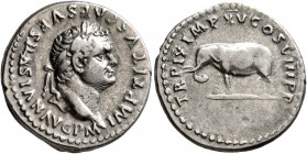 Titus, 79-81. Denarius (Silver, 18 mm, 3.39 g, 6 h), Rome, January-June 80. IMP TITVS CAES VESPASIAN AVG P M Laureate head of Titus to right. Rev. TR ...