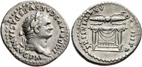 Titus, 79-81. Denarius (Silver, 19 mm, 3.30 g, 6 h), Rome, 80. IMP TITVS CAES VESPASIAN AVG P M Laureate head of Titus to right. Rev. TR P IX IMP XV C...
