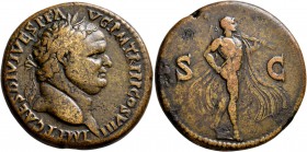 Titus, 79-81. Sestertius (Orichalcum, 34 mm, 25.83 g, 7 h), uncertain mint (in Thrace?), 80-81. IMP•T CAES•DIVI•VESP•F•AVG•P M TR•P P P COS•VIII Laure...