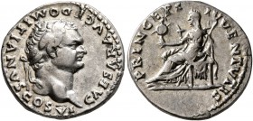 Domitian, as Caesar, 69-81. Denarius (Silver, 17 mm, 3.03 g, 6 h), Rome, 79. CAESAR AVG F DOMITIANVS COS VI Laureate head of Domitian to right. Rev. P...