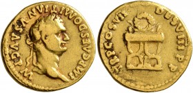 Domitian, 81-96. Aureus (Gold, 18 mm, 6.73 g, 6 h), Rome, 81. IMP CAES DOMITIANVS AVG P M Laureate head of Domitian to right. Rev. TR P COS VII DES VI...