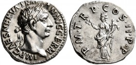 Trajan, 98-117. Denarius (Silver, 17 mm, 3.31 g, 6 h), Rome, 98-99. IMP CAES NERVA TRAIAN AVG GERM Laureate head of Trajan to right. Rev. P•M•T•R P•CO...