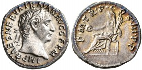 Trajan, 98-117. Denarius (Silver, 18 mm, 3.20 g, 6 h), Rome, 100. IMP CAES NERVA TRAIAN AVG GERM Laureate head of Trajan to right. Rev. P•M•TR•P•COS•I...