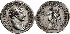 Trajan, 98-117. Denarius (Silver, 19 mm, 3.20 g, 7 h), Rome, circa 107-108. IMP TRAIANO AVG GER DAC P M TR P Laureate head of Trajan to right, with sl...