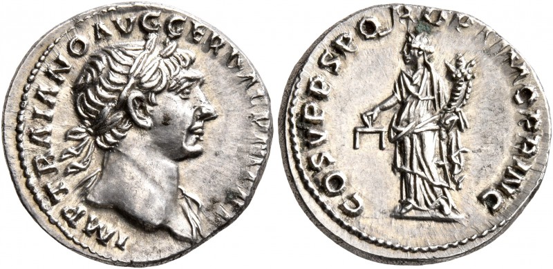 Trajan, 98-117. Denarius (Silver, 18 mm, 3.52 g, 7 h), Rome, circa 107-108. IMP ...