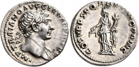 Trajan, 98-117. Denarius (Silver, 18 mm, 3.52 g, 7 h), Rome, circa 107-108. IMP TRAIANO AVG GER DAC P M TR P Laureate head of Trajan to right, with sl...