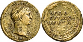 Trajan, 98-117. Sestertius (Orichalcum, 32 mm, 25.86 g, 7 h), Rome, 107-108. IMP CAES NERVAE TRAIANO AVG GER DAC P M TR P COS V P P Laureate head of T...