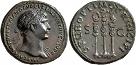 Trajan, 98-117. As (Copper, 28 mm, 12.27 g, 7 h), Rome, 107-108. IMP CAES NERVAE TRAIANO AVG GER DAC P M TR P COS V P P Laureate head of Trajan to rig...