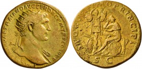Trajan, 98-117. Dupondius (Orichalcum, 25 mm, 10.50 g, 7 h), Rome, 107-108. IMP CAES NERVAE TRAIANO AVG GER DAC P M TR P COS V P P Radiate head of Tra...