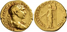 Trajan, 98-117. Aureus (Gold, 19 mm, 6.95 g, 6 h), Rome, 108-110. IMP TRAIANO AVG GER DAC P M TR P Laureate, draped and cuirassed bust of Trajan to ri...