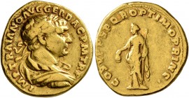 Trajan, 98-117. Aureus (Gold, 18 mm, 7.10 g, 5 h), Rome, 108-110. IMP TRAIANO AVG GER DAC P M TR P Laureate, draped and cuirassed bust of Trajan to ri...