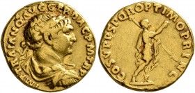 Trajan, 98-117. Aureus (Gold, 18 mm, 6.66 g, 6 h), Rome, 108-110. IMP TRAIANO AVG GER DAC P M TR P Laureate, draped and cuirassed bust of Trajan to ri...