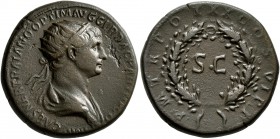 Trajan, 98-117. Dupondius (Orichalcum, 23 mm, 9.24 g, 7 h), Rome, for use in Syria, 116. IMP CAES NER TRAIANO OPTIM AVG GER DAC PARTHICO Radiate and d...