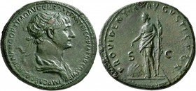 Trajan, 98-117. Sestertius (Orichalcum, 35 mm, 28.11 g, 6 h), Rome, 116-117. IMP CAES NER TRAIANO OPTIMO AVG GER DAC PARTHICO P M TR P COS VI P P Laur...