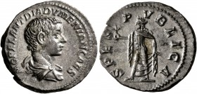 Diadumenian, as Caesar, 217-218. Denarius (Silver, 19 mm, 3.37 g, 7 h), Rome, 218. M OPEL ANT DIADVMENIAN CAES Bare-headed and draped bust of Diadumen...