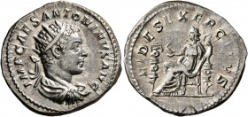 Elagabalus, 218-222. Antoninianus (Silver, 23 mm, 4.99 g, 6 h), Rome. IMP CAES ANTONINVS AVG Radiate and draped bust of Elagabalus to right, seen from...