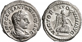 Elagabalus, 218-222. Denarius (Silver, 20 mm, 2.14 g, 7 h), Rome. IMP CAES ANTONINVS AVG Laureate and draped bust of Elagabalus to right. Rev. VICTOR ...