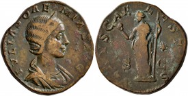 Julia Soaemias, Augusta, 218-222. Sestertius (Orichalcum, 29 mm, 18.31 g, 1 h), Rome, 220-222. IVLIA SOAEMIAS AVG Draped bust of Julia Soaemias to rig...